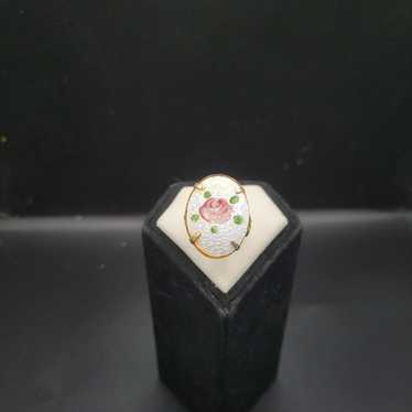 Vintage enamel and filigree goldtone rose ring si… - image 1