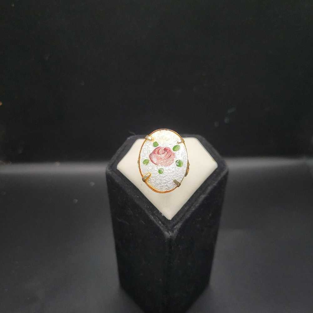 Vintage enamel and filigree goldtone rose ring si… - image 2