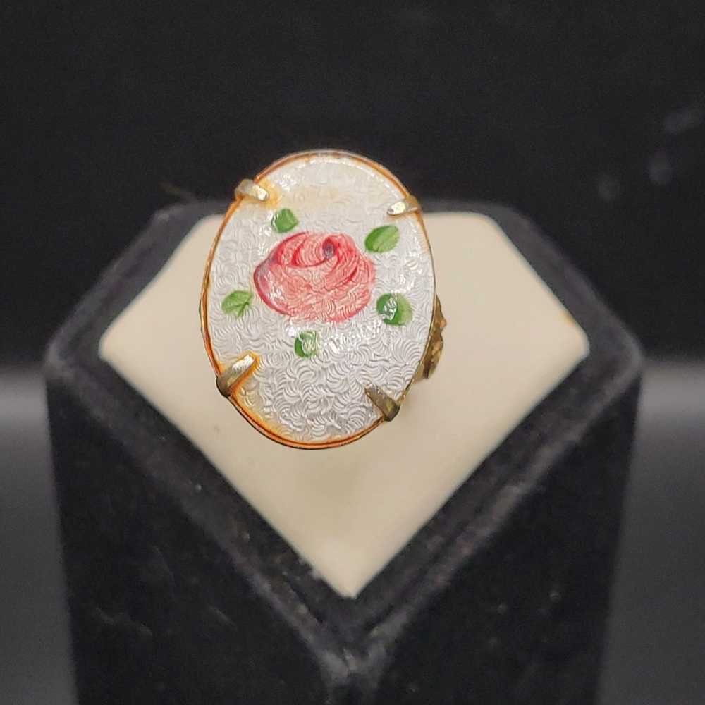 Vintage enamel and filigree goldtone rose ring si… - image 4
