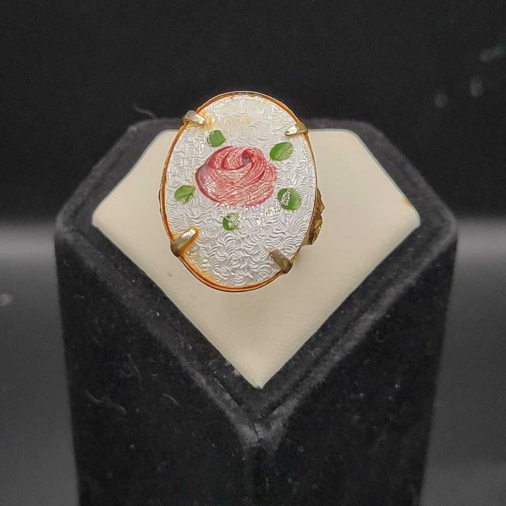 Vintage enamel and filigree goldtone rose ring si… - image 5