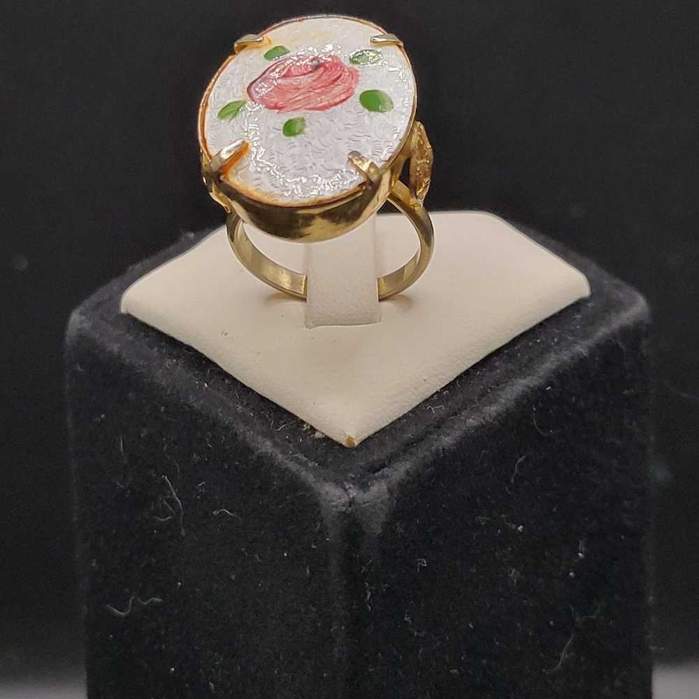 Vintage enamel and filigree goldtone rose ring si… - image 6