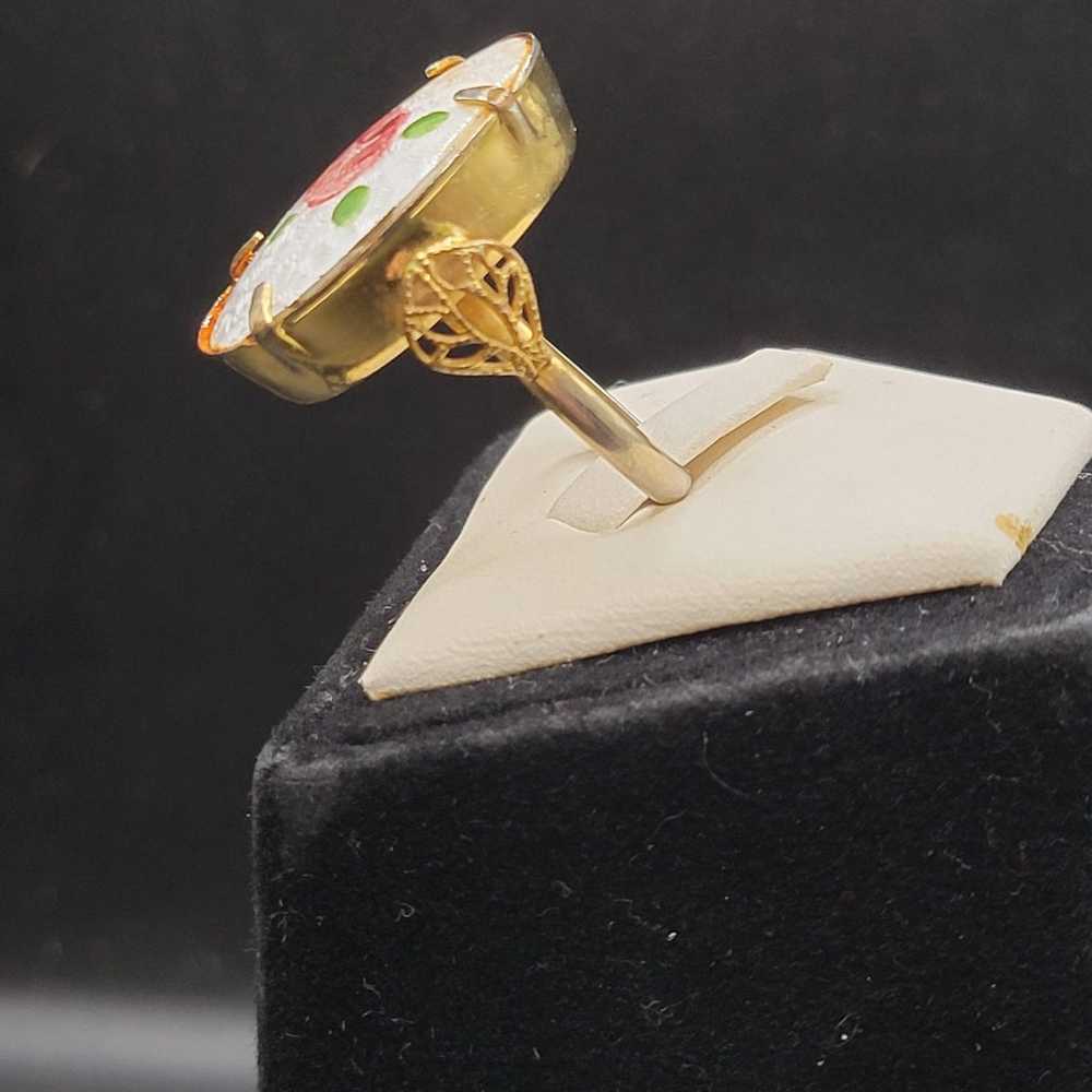 Vintage enamel and filigree goldtone rose ring si… - image 7