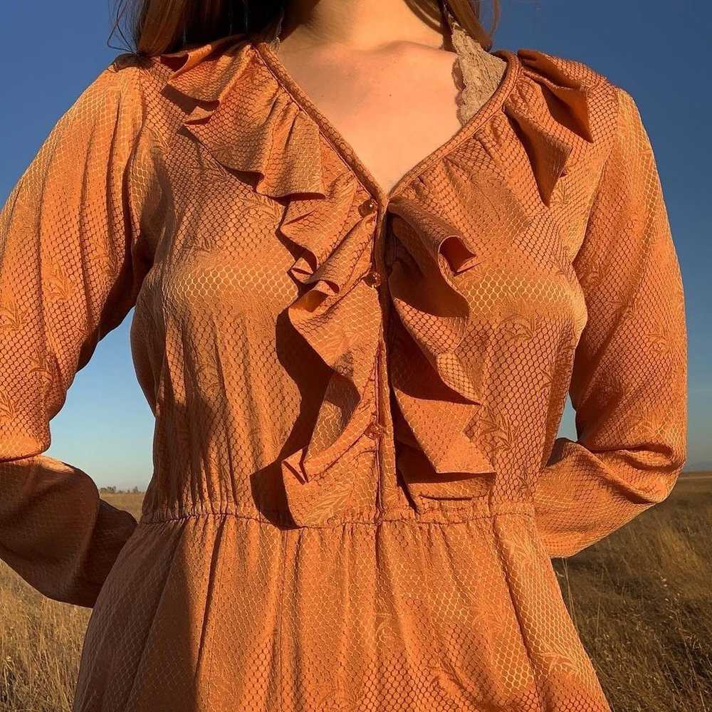 1980’s Vintage Coral Long Sleeve Button Up Ruffle… - image 3