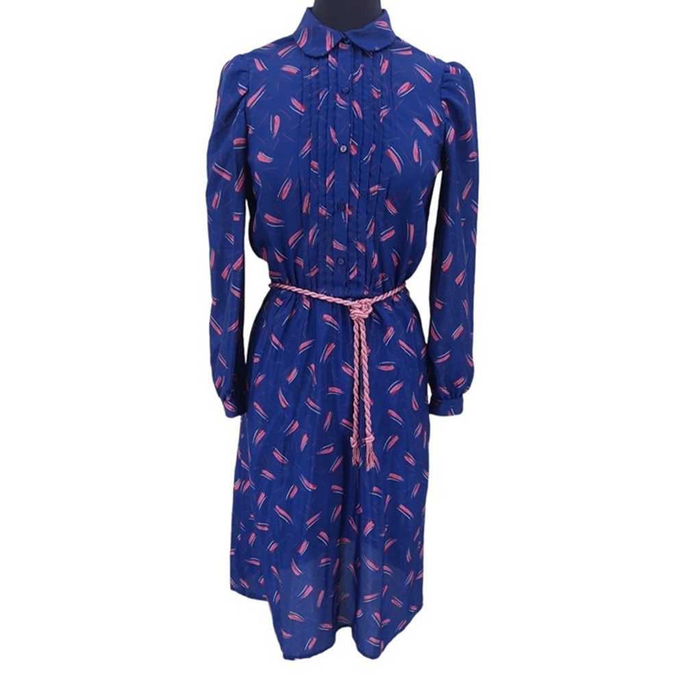 VTG 60s Navy Blue Pink Mod Secretary Dress M Rope… - image 1