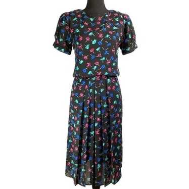 Vintage 80s Abstract Floral Blouson Wrap Dress with Belt Black Blue Purple  S M 