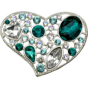 Silvertone Open Designed Heart Brooch with Pretty… - image 1
