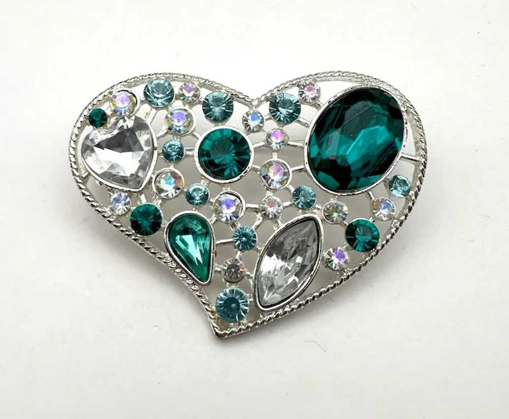 Silvertone Open Designed Heart Brooch with Pretty… - image 2