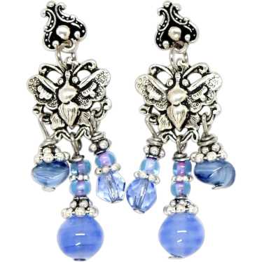 Old Blue Glass, Silver Butterfly Drop Earrings - image 1