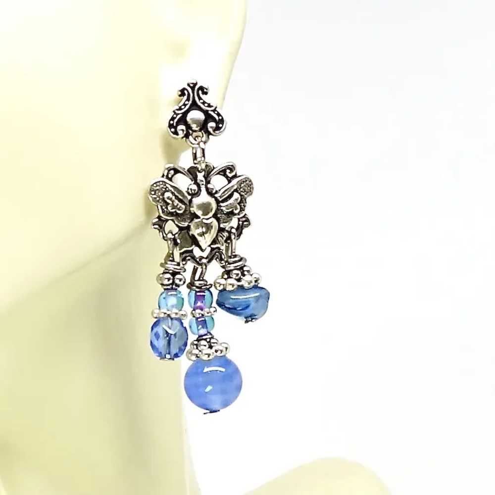 Old Blue Glass, Silver Butterfly Drop Earrings - image 2