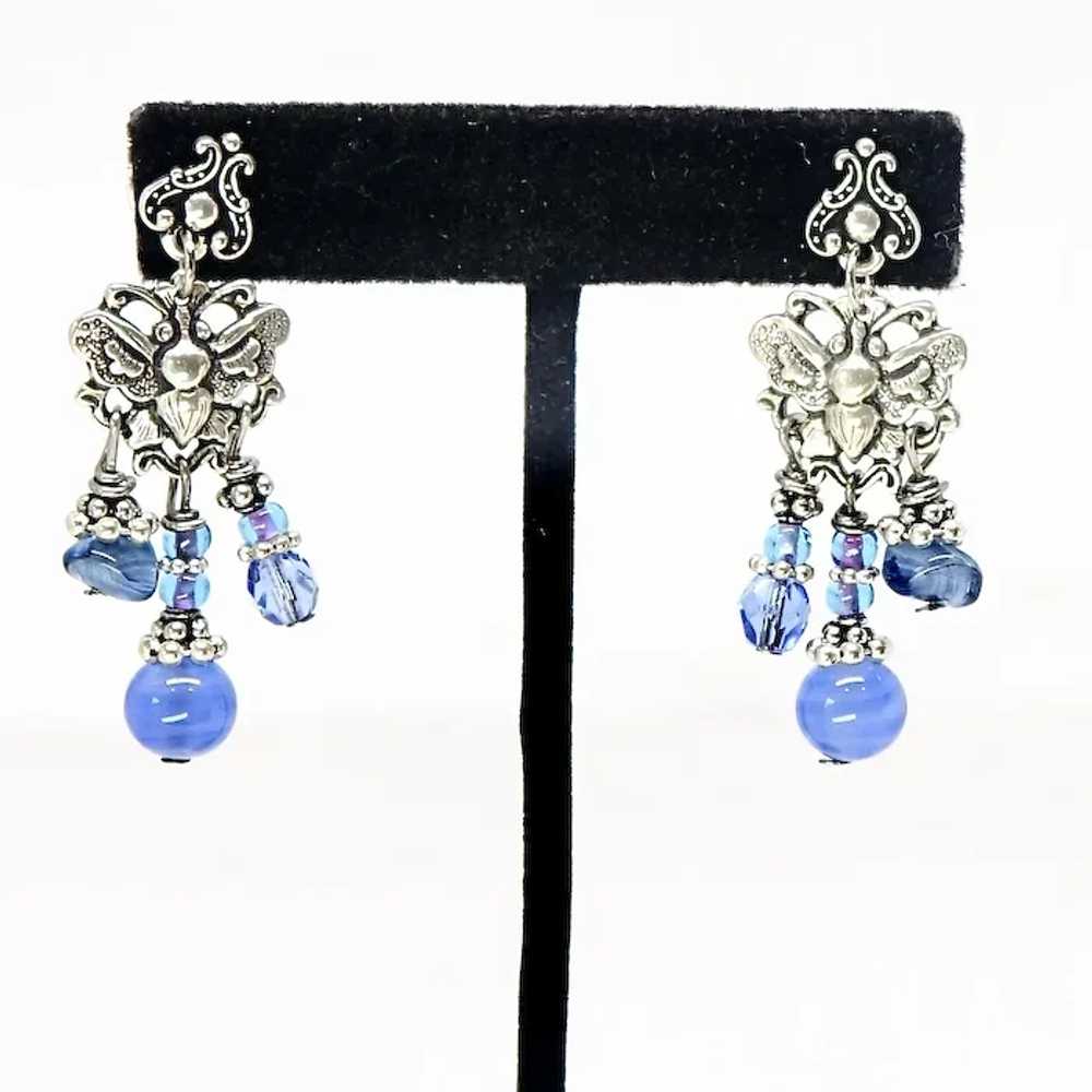 Old Blue Glass, Silver Butterfly Drop Earrings - image 3