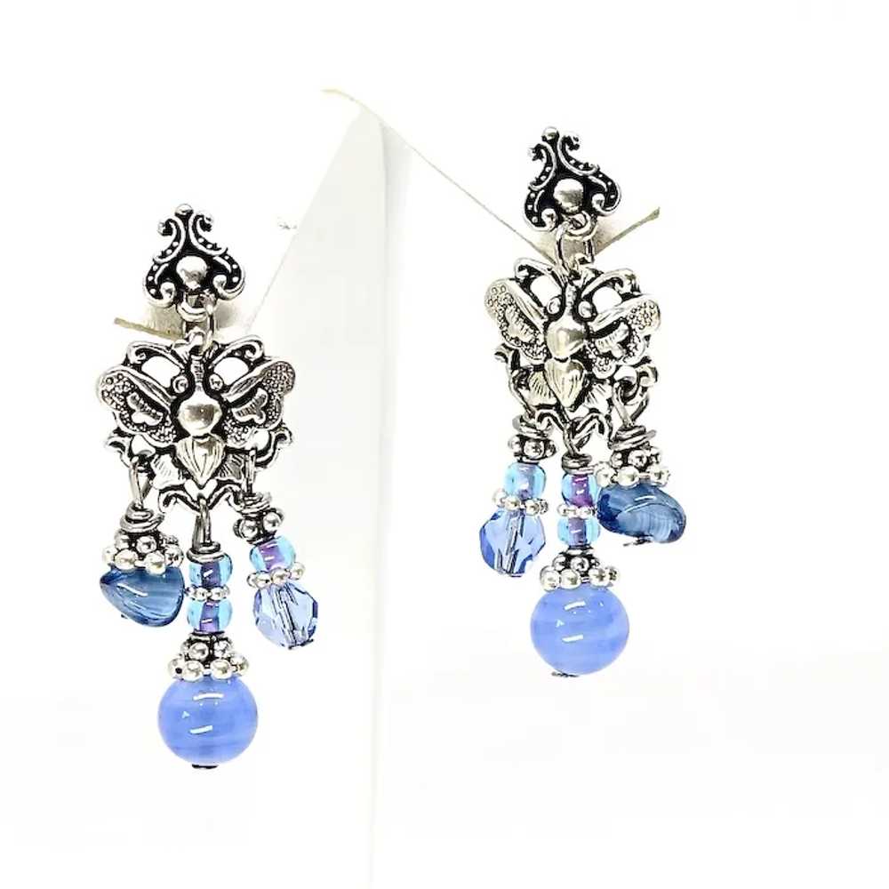 Old Blue Glass, Silver Butterfly Drop Earrings - image 4