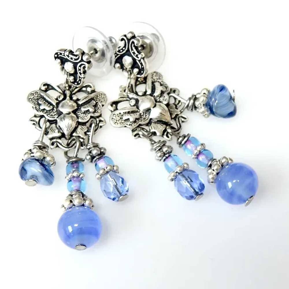 Old Blue Glass, Silver Butterfly Drop Earrings - image 5