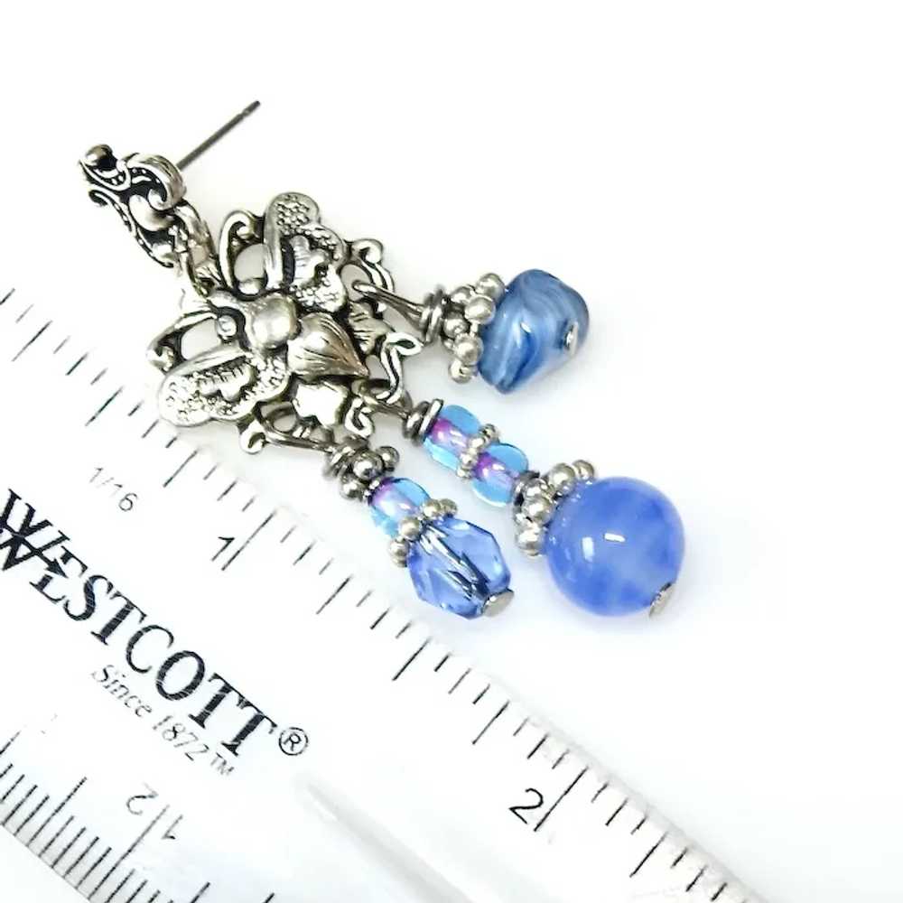 Old Blue Glass, Silver Butterfly Drop Earrings - image 6