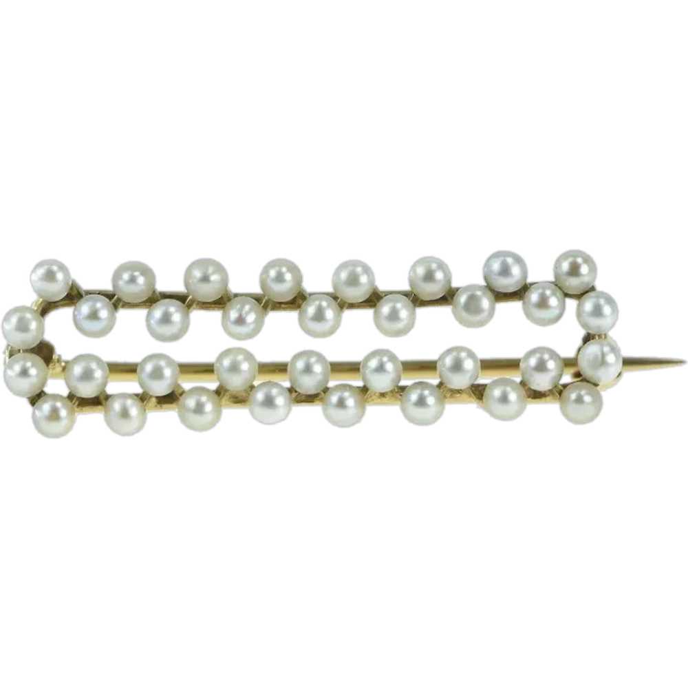 14K Vintage Checkered Seed Pearl Bar Pin/Brooch Y… - image 1