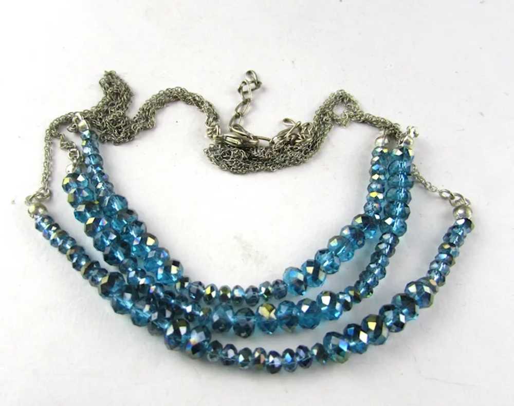 Aqua Crystal Triple Strand Silver Tone Necklace - image 10