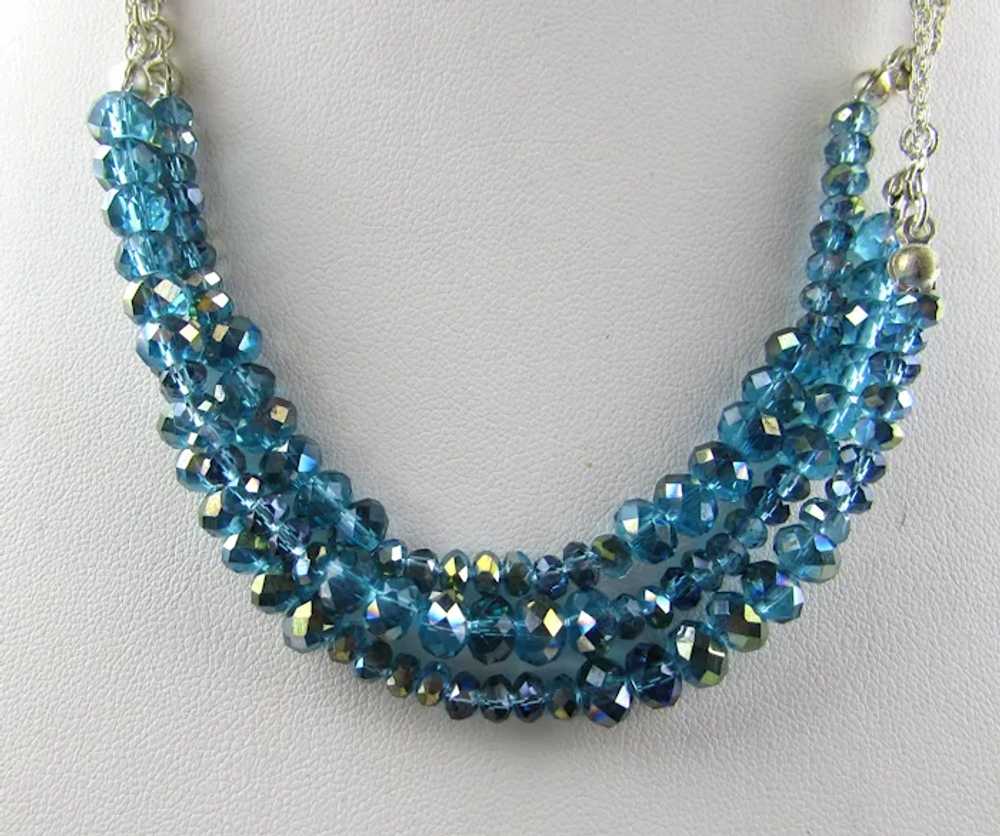Aqua Crystal Triple Strand Silver Tone Necklace - image 3
