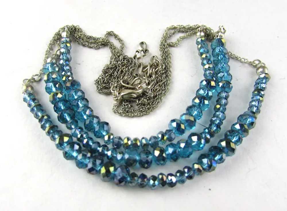 Aqua Crystal Triple Strand Silver Tone Necklace - image 8