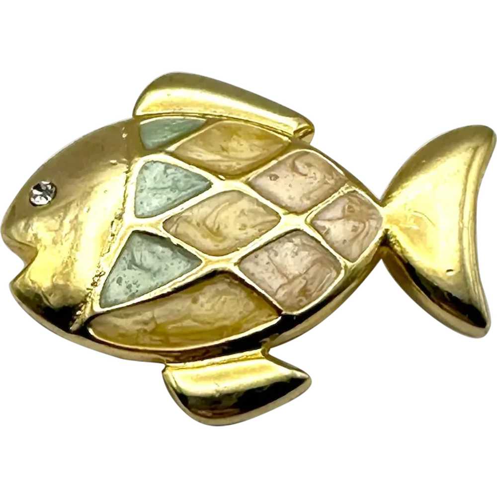 Pastel Blue and Pink Enamel on Goldtone Fish Broo… - image 1