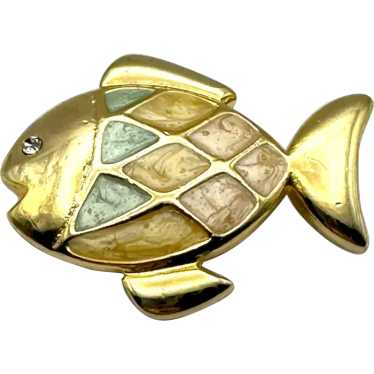 Pastel Blue and Pink Enamel on Goldtone Fish Broo… - image 1