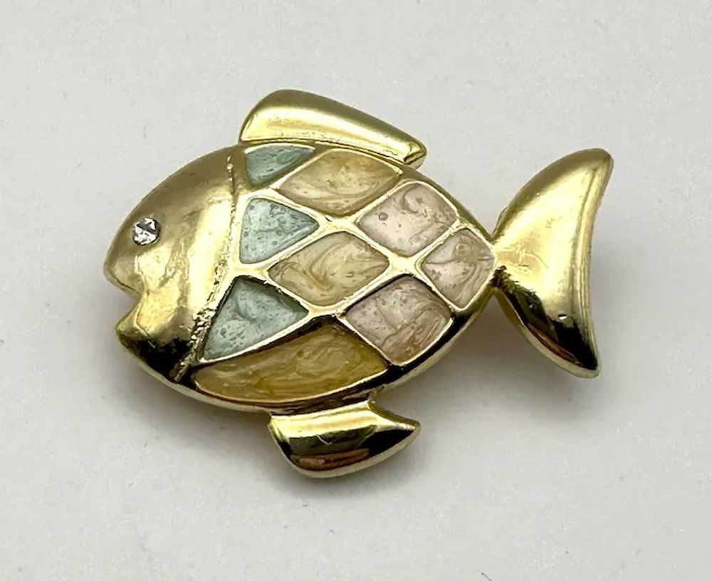 Pastel Blue and Pink Enamel on Goldtone Fish Broo… - image 2