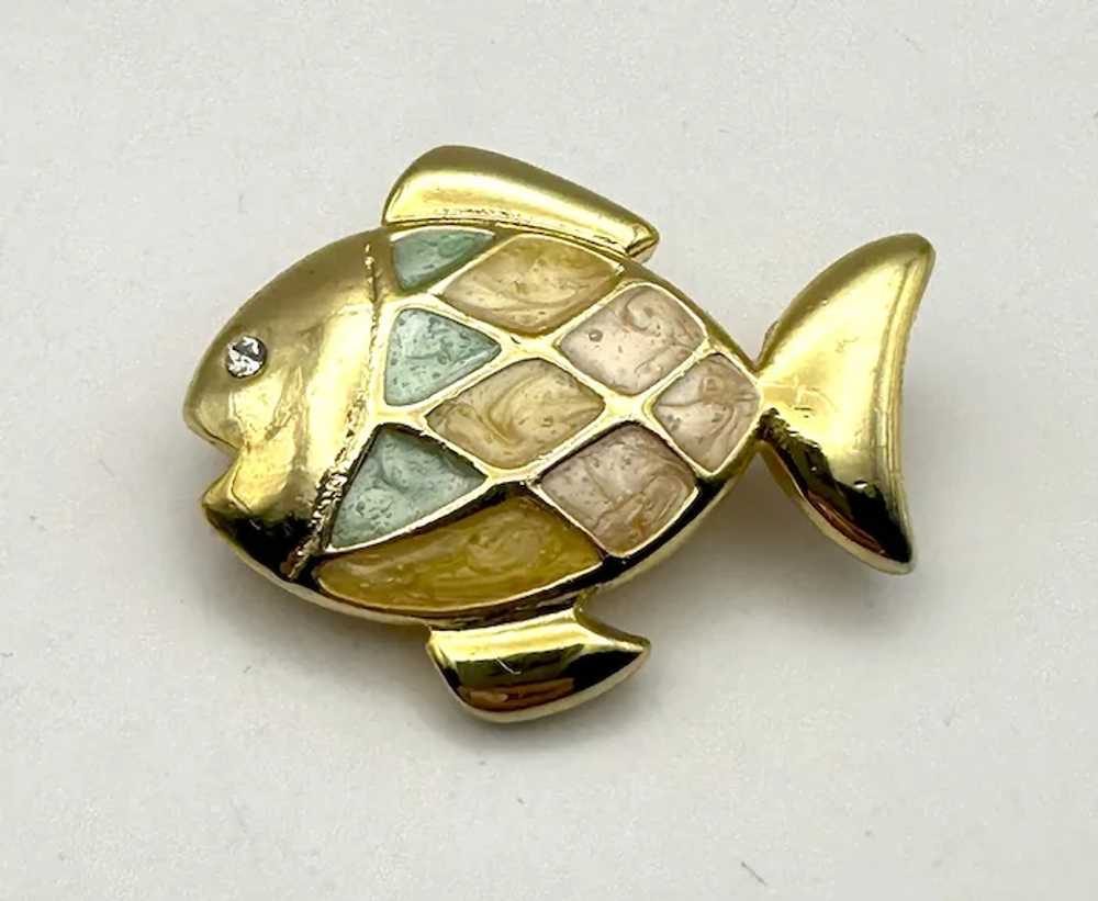 Pastel Blue and Pink Enamel on Goldtone Fish Broo… - image 6