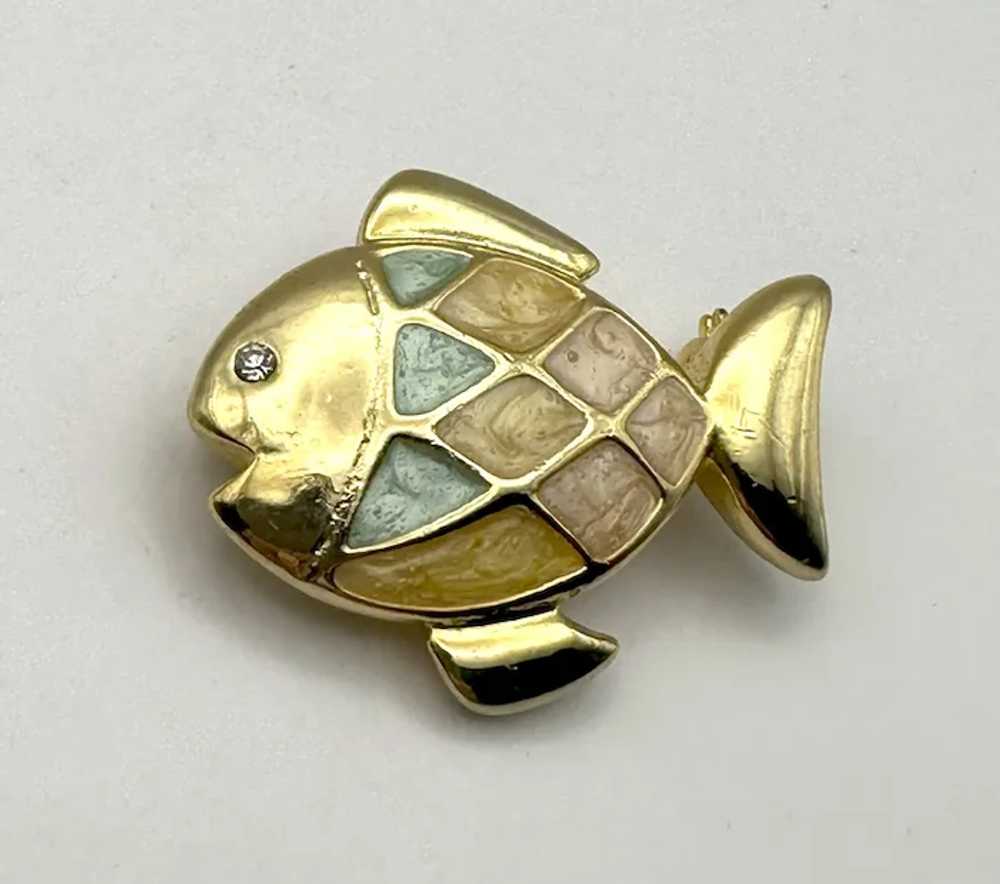 Pastel Blue and Pink Enamel on Goldtone Fish Broo… - image 7