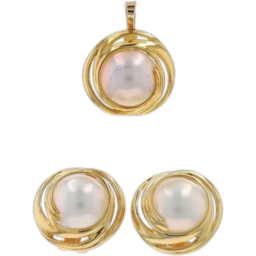 Yellow Gold Mabe Pearl Swirl Earrings & Pendant -… - image 1