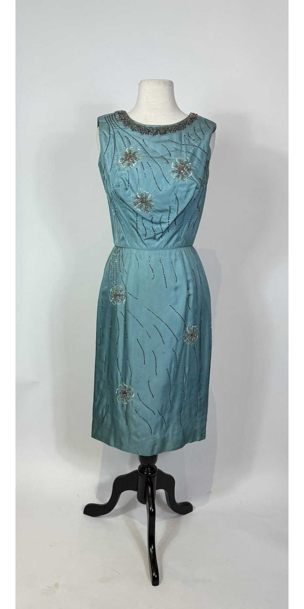 1960s Blue Silk Flower Beaded Wiggle Cocktail Dre… - image 1