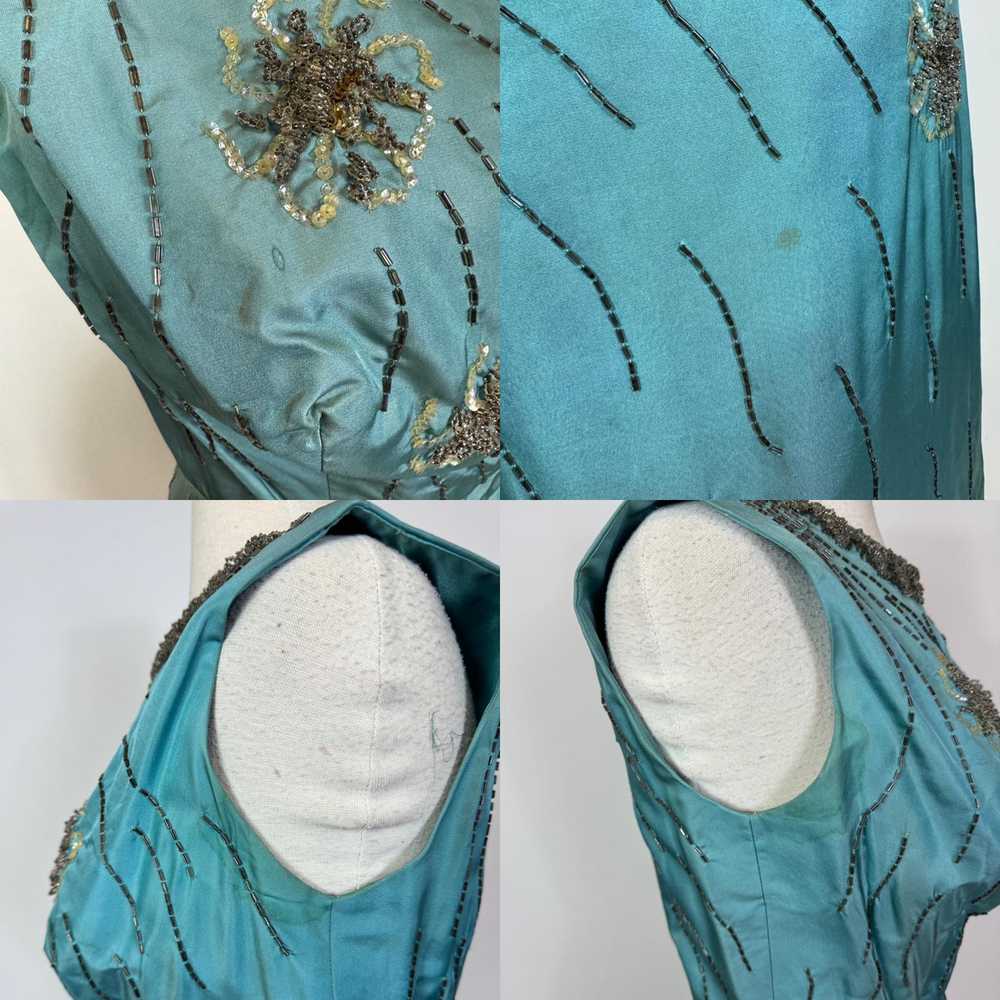 1960s Blue Silk Flower Beaded Wiggle Cocktail Dre… - image 8