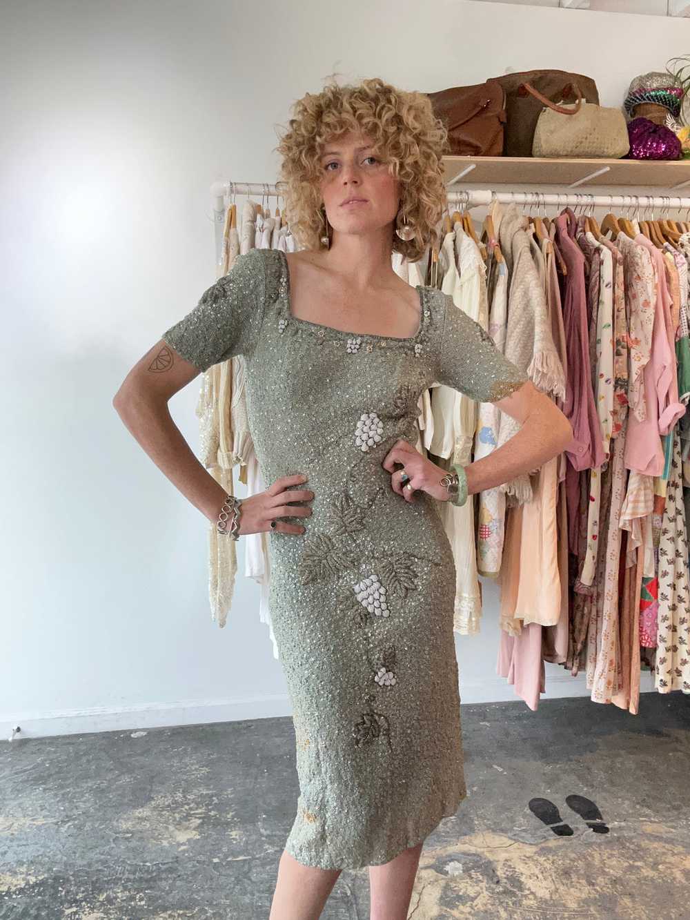 Vintage Bain’s Sage-Grey Beaded and Sequined Dres… - image 2