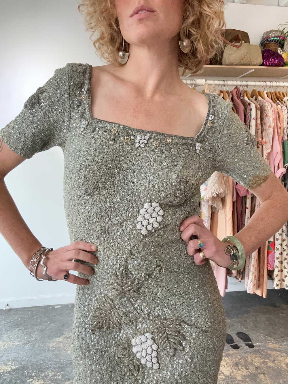 Vintage Bain’s Sage-Grey Beaded and Sequined Dres… - image 9