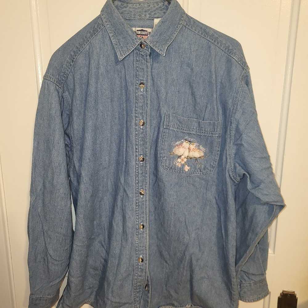 Vintage Jean Button Down Shirt with Birds and Bir… - image 2