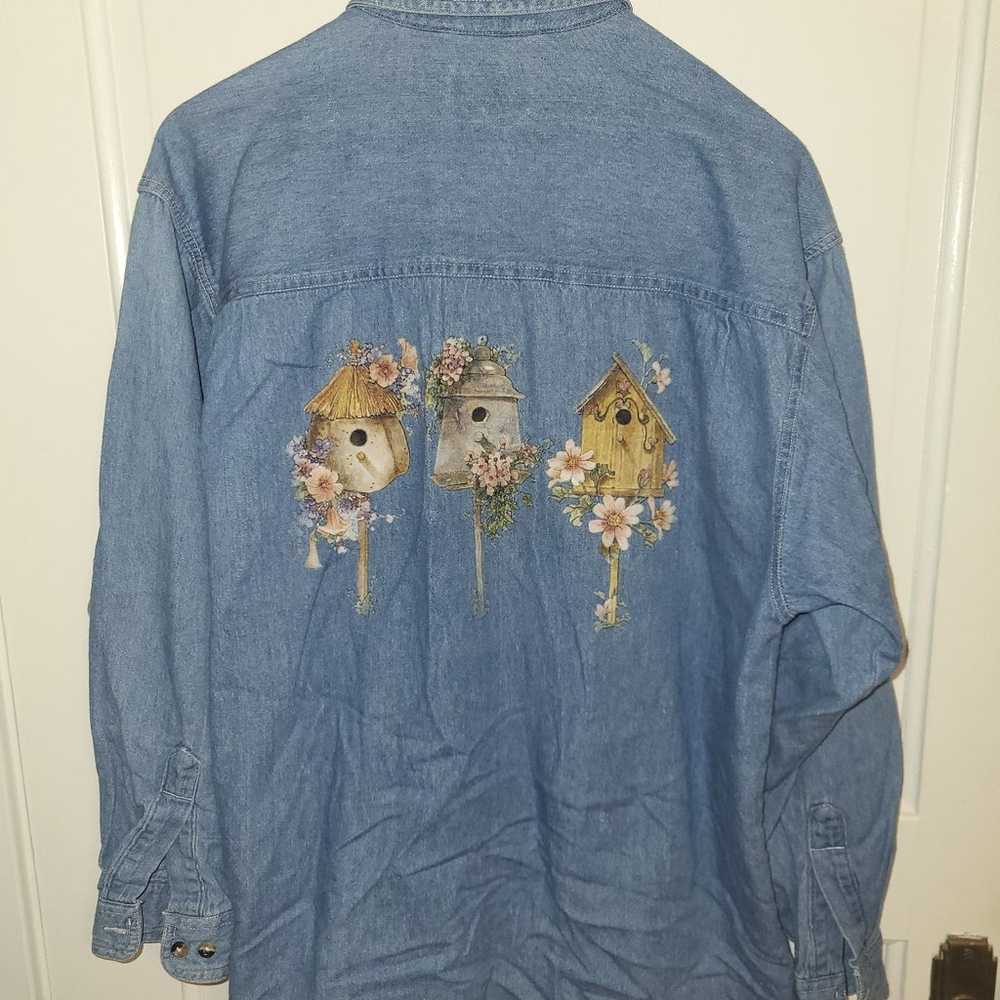 Vintage Jean Button Down Shirt with Birds and Bir… - image 3