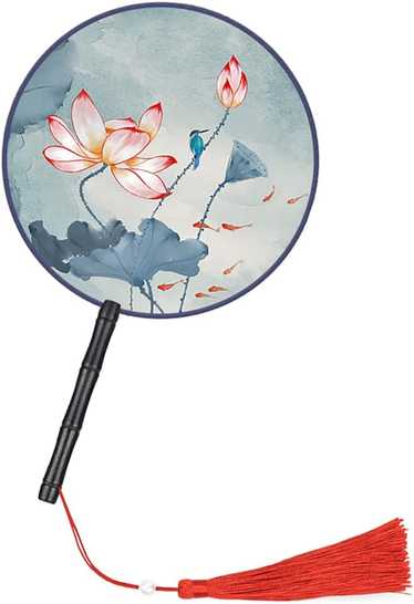 Vintage Painting Round Hand Fan with Tassel Tradit