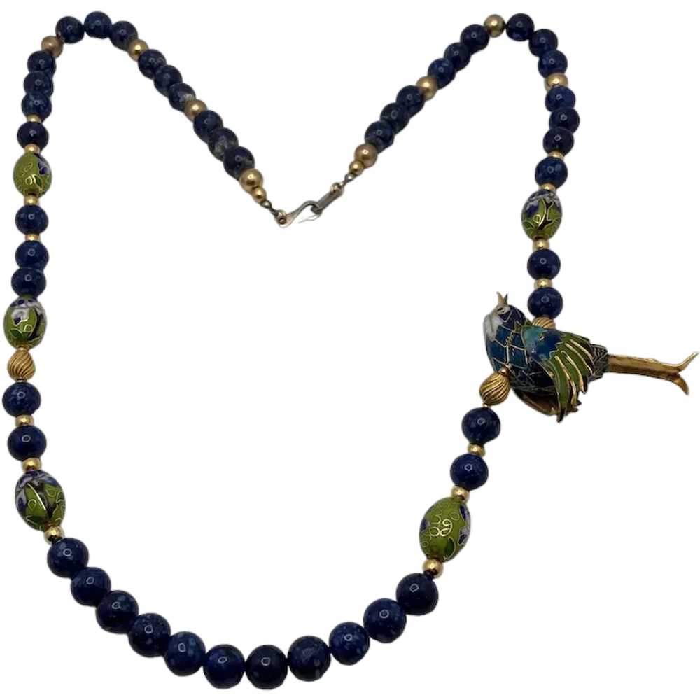 Vintage Chinese Sodalite Bead and Cloisonne Bird … - image 1