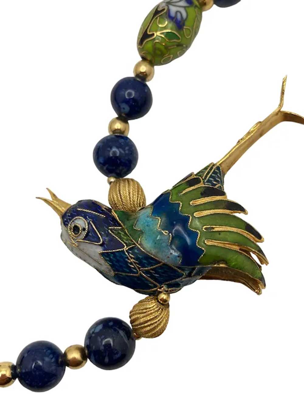 Vintage Chinese Sodalite Bead and Cloisonne Bird … - image 3