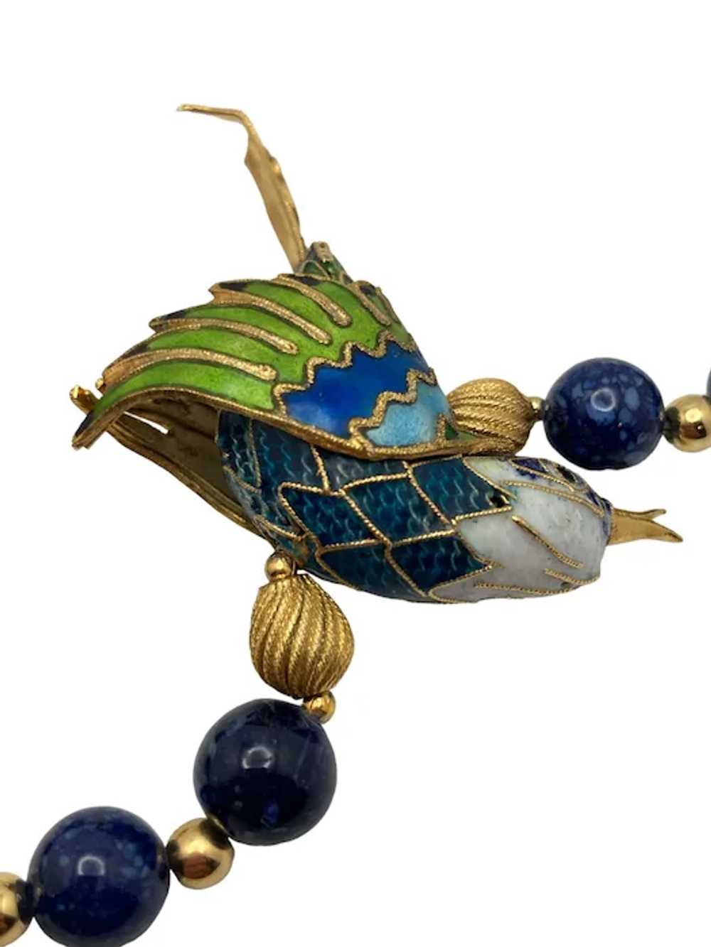 Vintage Chinese Sodalite Bead and Cloisonne Bird … - image 5