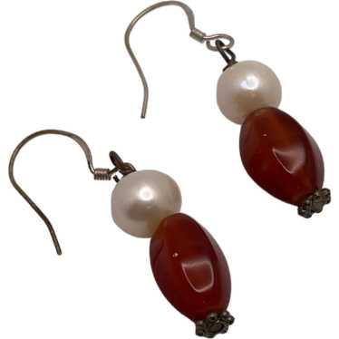 Sterling Silver, Pearl and Carnelian Dangle Earri… - image 1