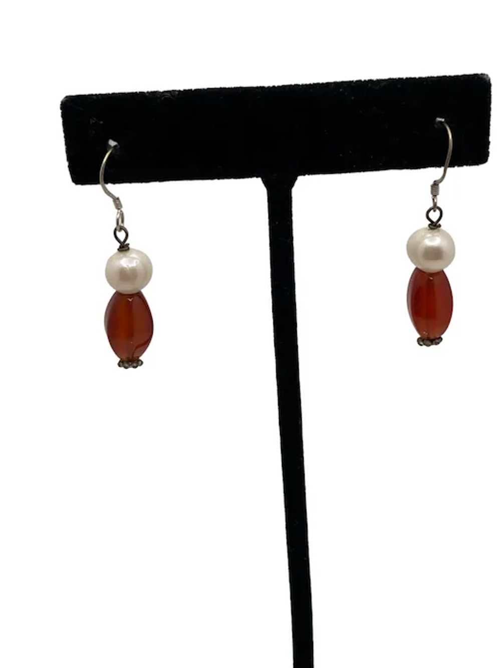 Sterling Silver, Pearl and Carnelian Dangle Earri… - image 2