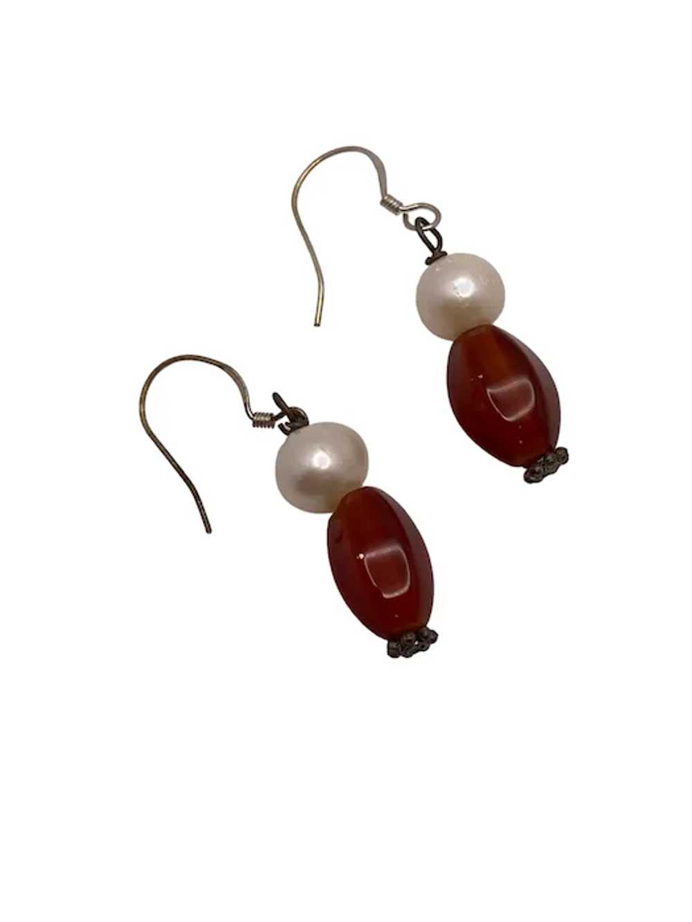 Sterling Silver, Pearl and Carnelian Dangle Earri… - image 3