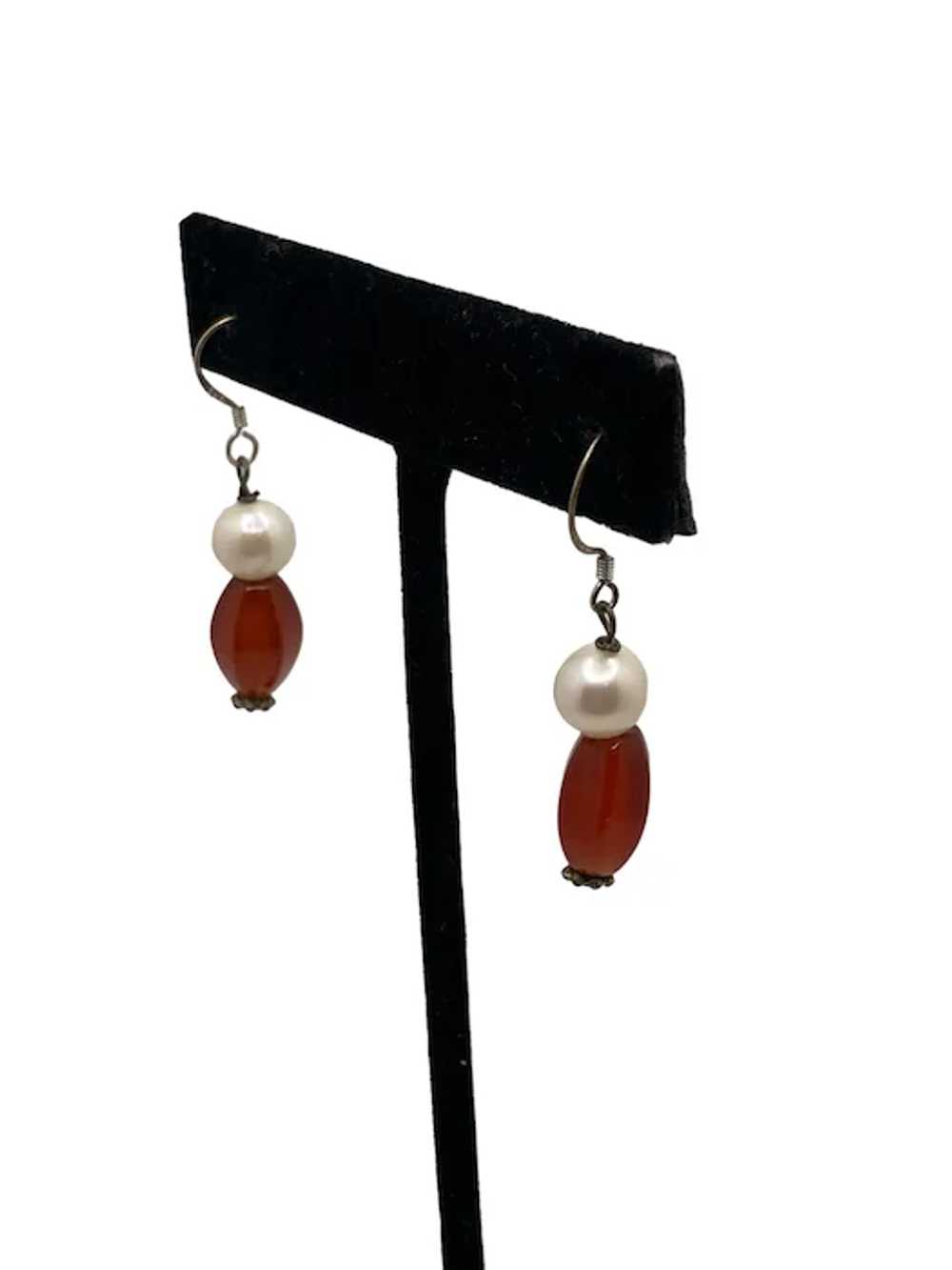 Sterling Silver, Pearl and Carnelian Dangle Earri… - image 4