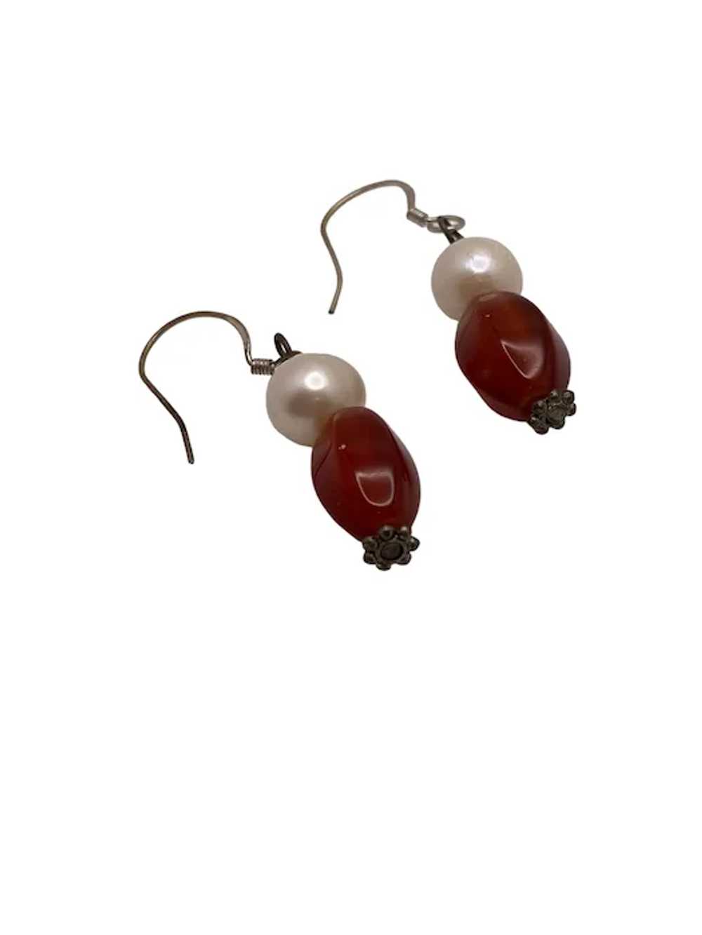 Sterling Silver, Pearl and Carnelian Dangle Earri… - image 5