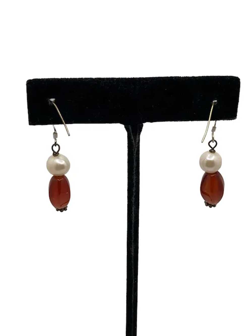 Sterling Silver, Pearl and Carnelian Dangle Earri… - image 6