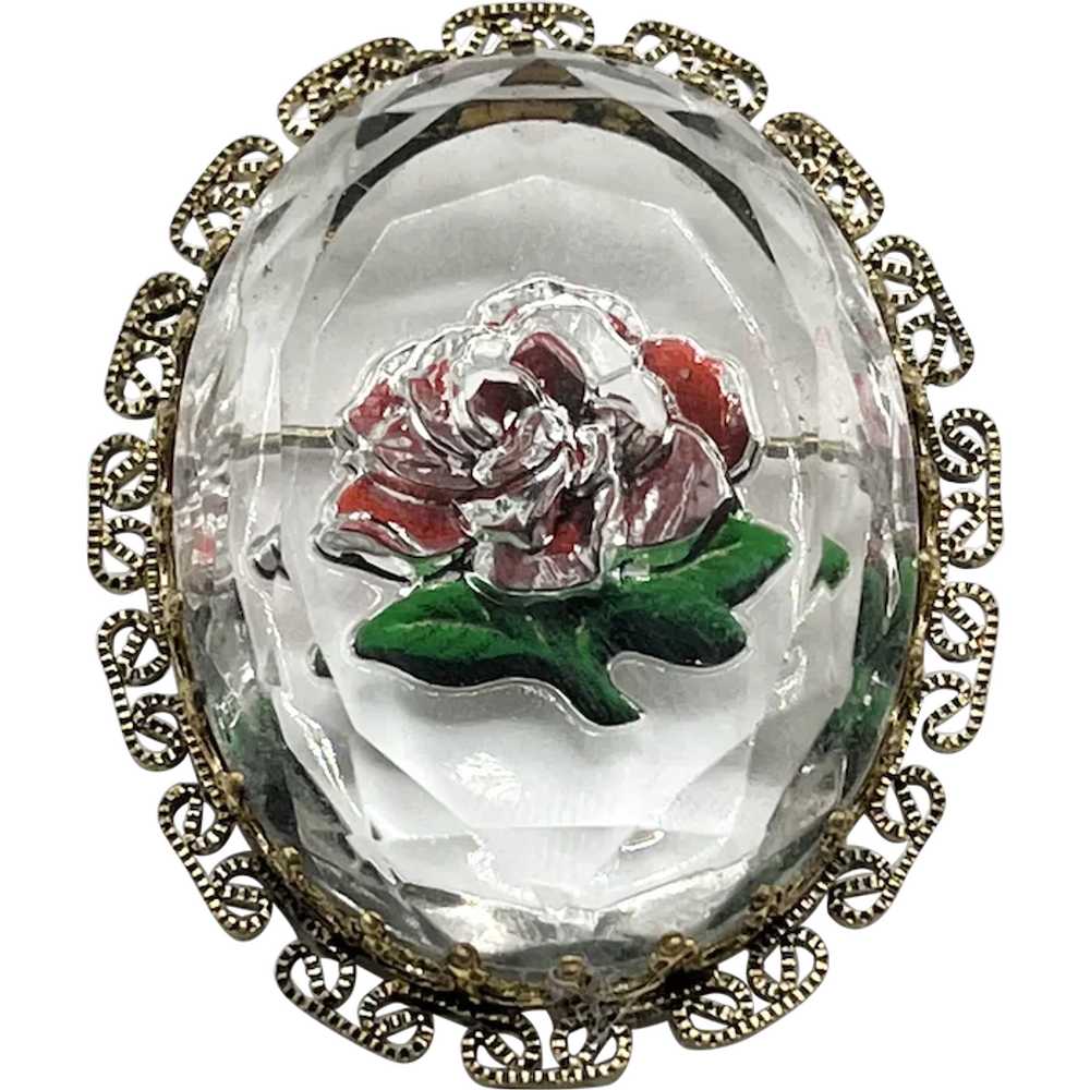 Vintage Reverse Glass Rose Flower Brooch Pin - image 1