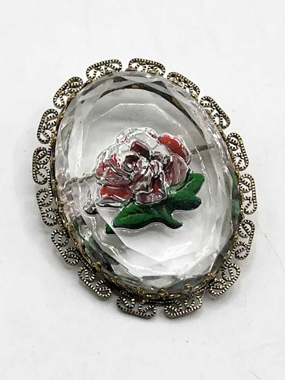 Vintage Reverse Glass Rose Flower Brooch Pin - image 2
