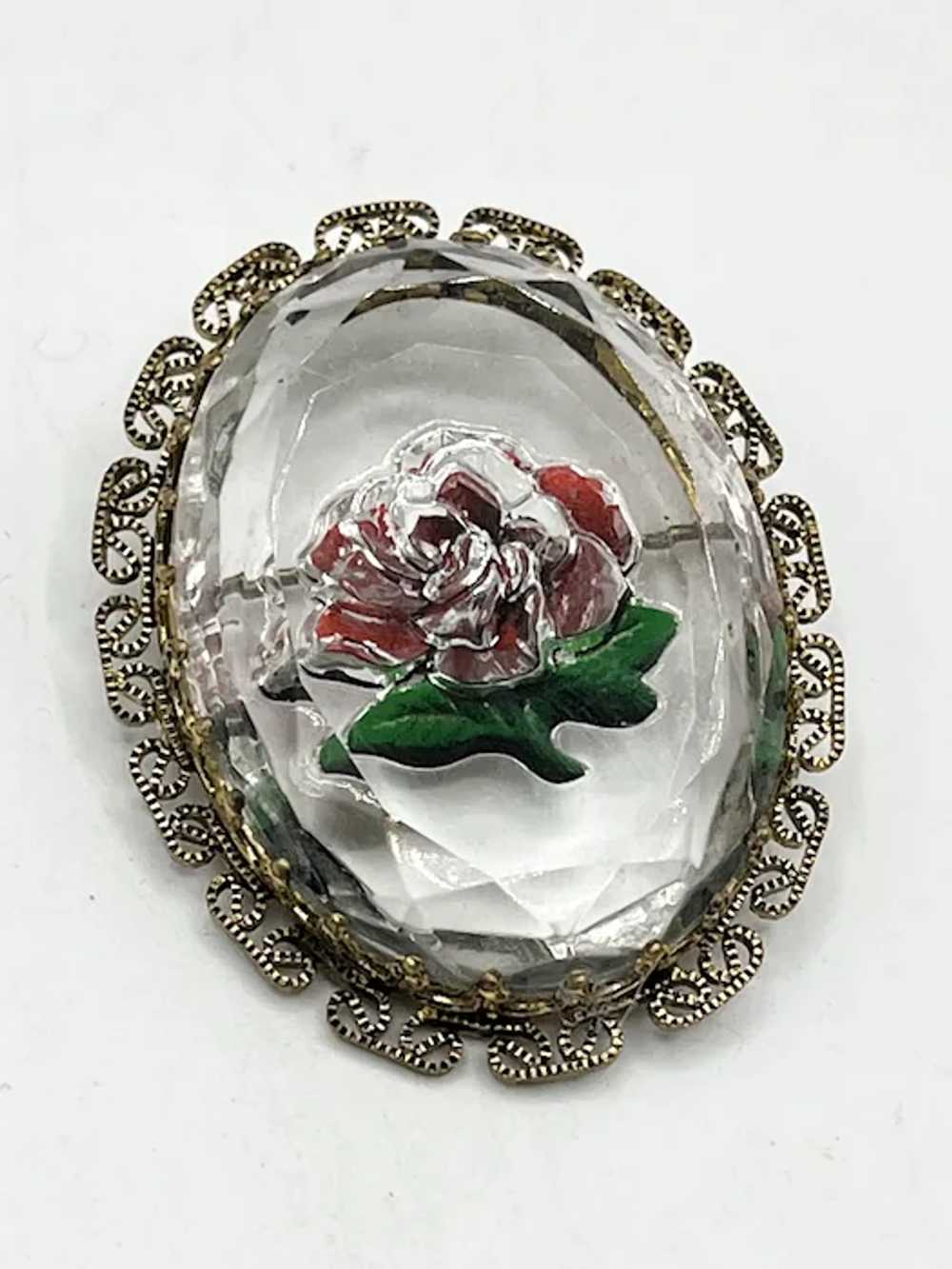 Vintage Reverse Glass Rose Flower Brooch Pin - image 3