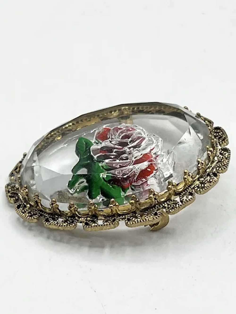 Vintage Reverse Glass Rose Flower Brooch Pin - image 4
