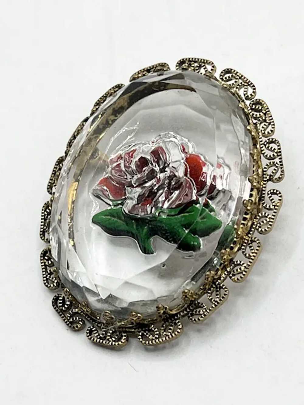 Vintage Reverse Glass Rose Flower Brooch Pin - image 5