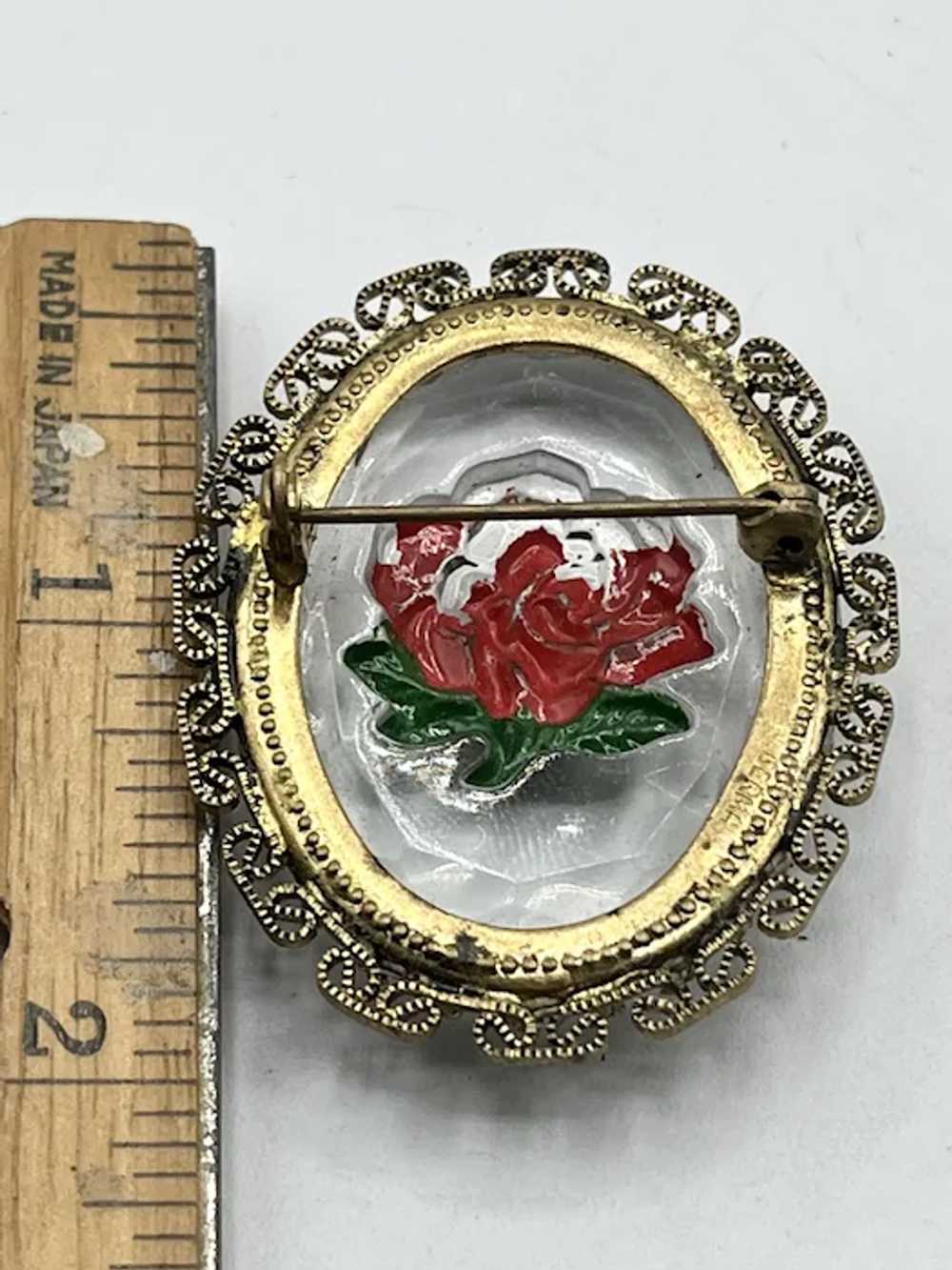 Vintage Reverse Glass Rose Flower Brooch Pin - image 6