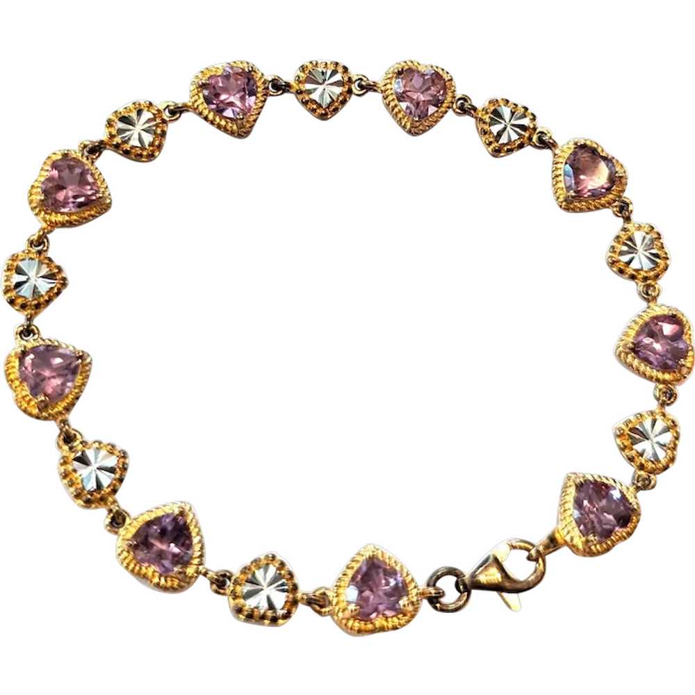 Sterling Silver Vermeil Amethyst Hearts Line Brac… - image 1